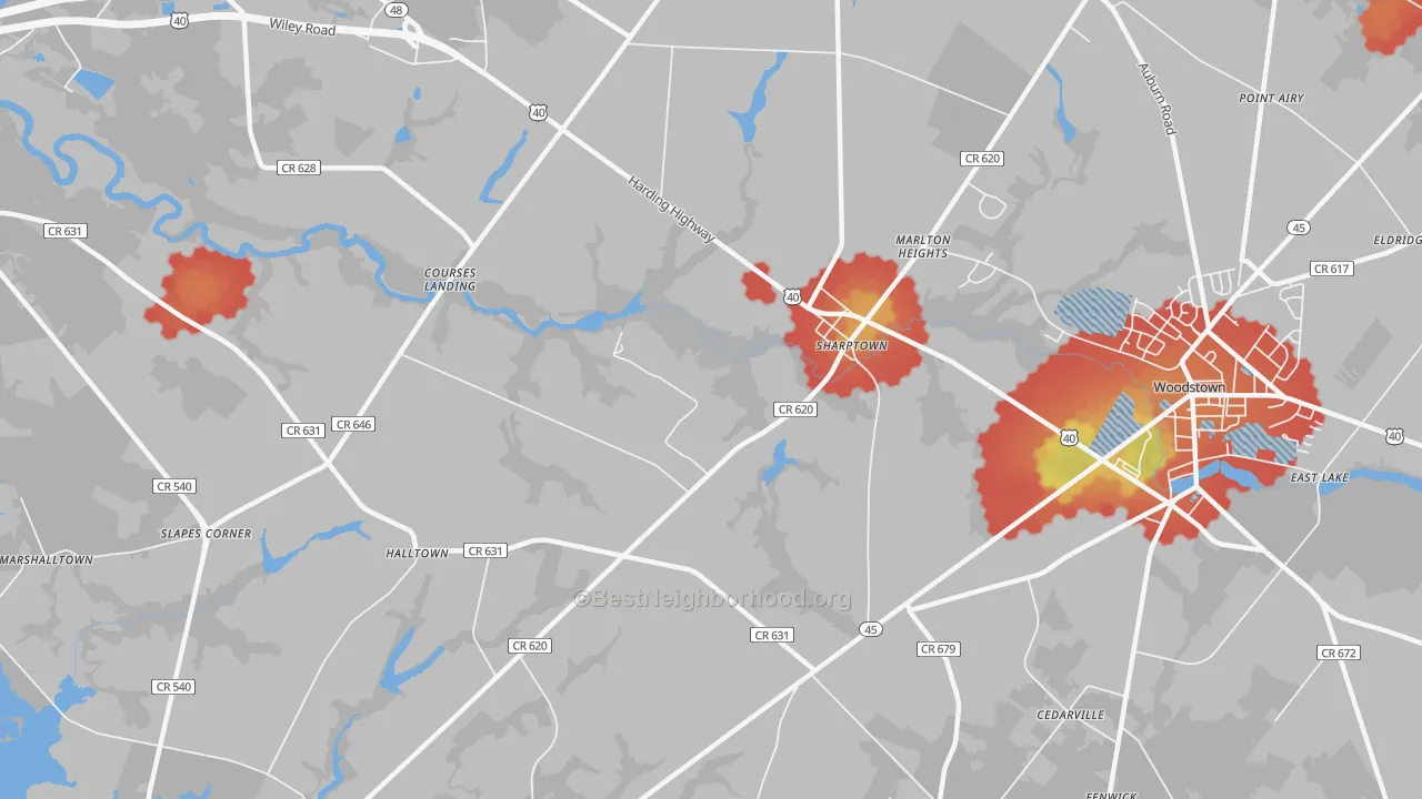 Walk Grade map of Sharptown, NJ, walkable areas in green and car-dependent areas in red