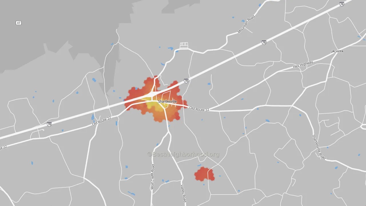 Walk Grade map of Shartlesville, PA, walkable areas in green and car-dependent areas in red