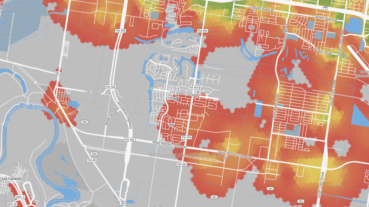 Walk Grade map of Sharyland Plantation, Mission, TX, walkable areas in green and car-dependent areas in red