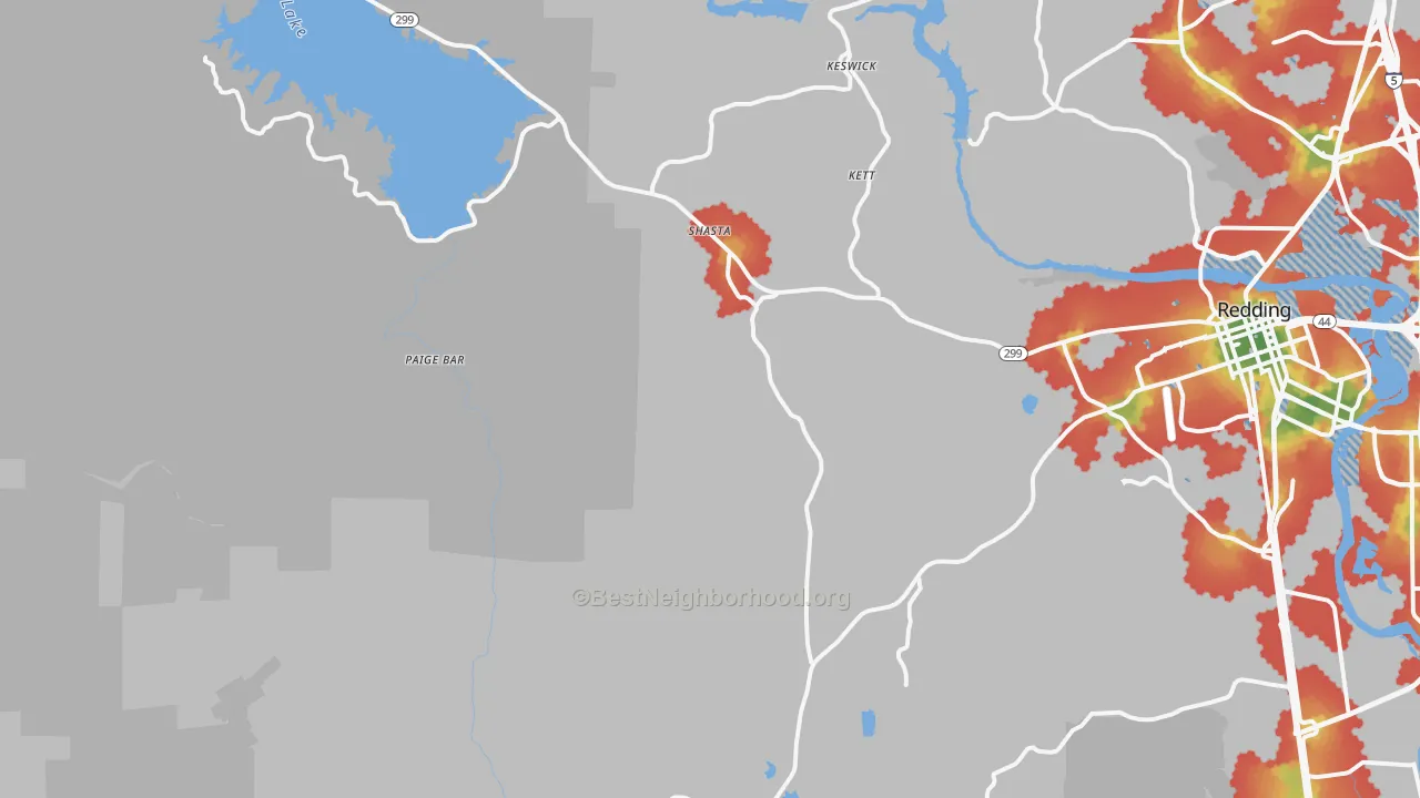 Walk Grade map of Shasta, CA, walkable areas in green and car-dependent areas in red
