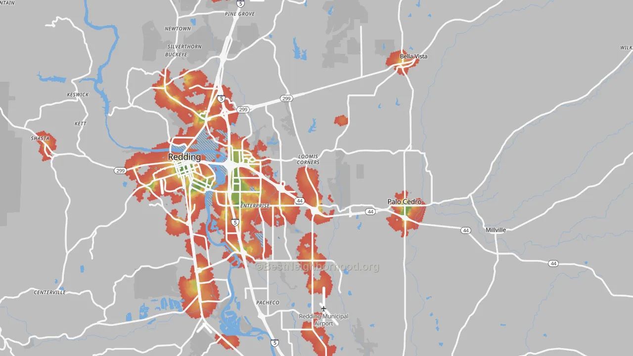 Walk Grade map of Shasta County, CA, walkable areas in green and car-dependent areas in red