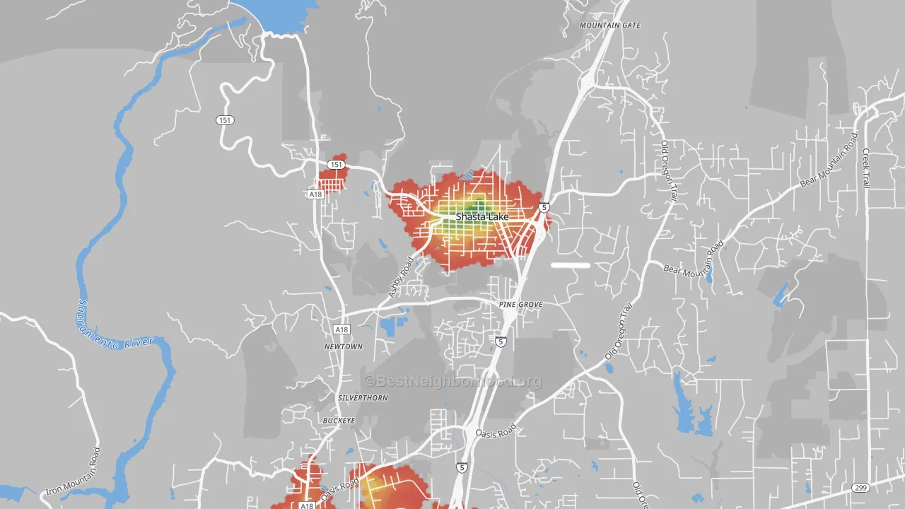 Walk Grade map of Shasta Lake, CA, walkable areas in green and car-dependent areas in red