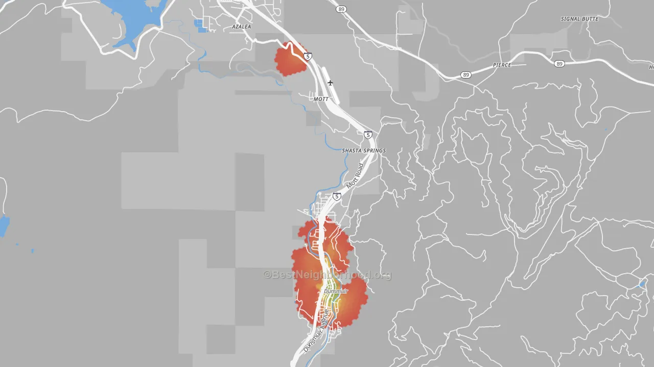 Walk Grade map of Shasta Retreat, CA, walkable areas in green and car-dependent areas in red