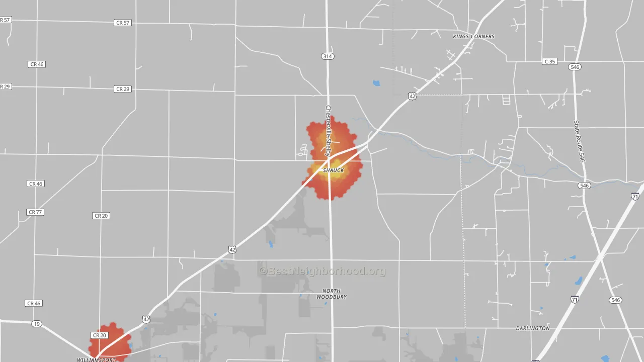 Walk Grade map of Shauck, OH, walkable areas in green and car-dependent areas in red