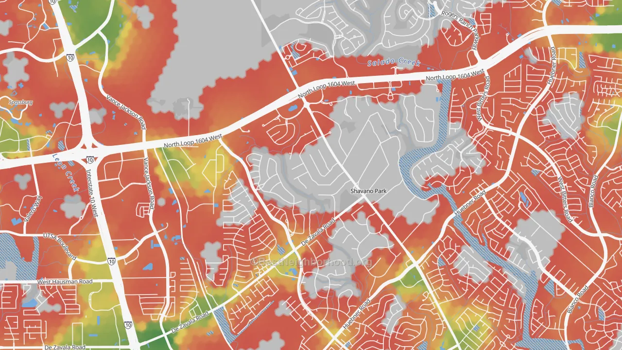Walk Grade map of Shavano Park, TX, walkable areas in green and car-dependent areas in red