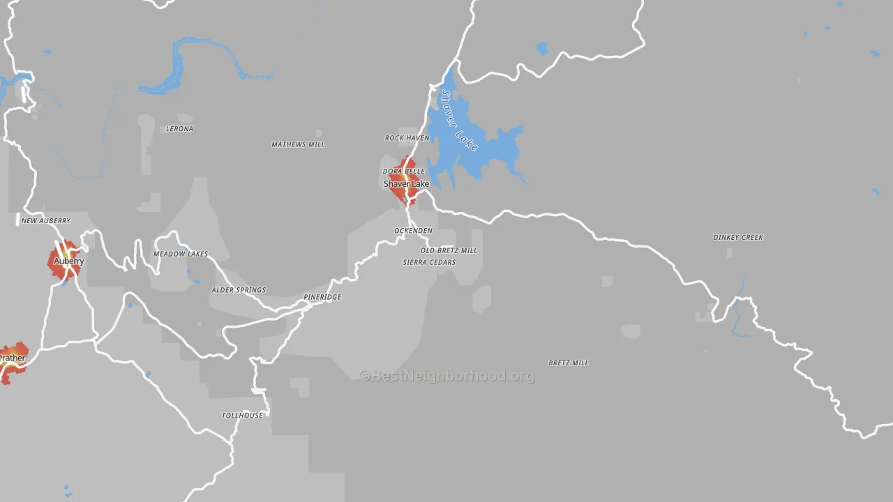 Walk Grade map of Shaver Lake, CA, walkable areas in green and car-dependent areas in red