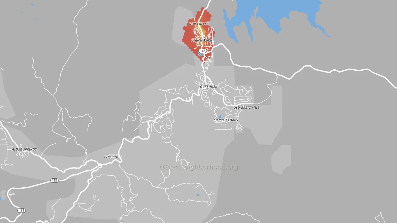 Walk Grade map of Shaver Lake Heights, CA, walkable areas in green and car-dependent areas in red