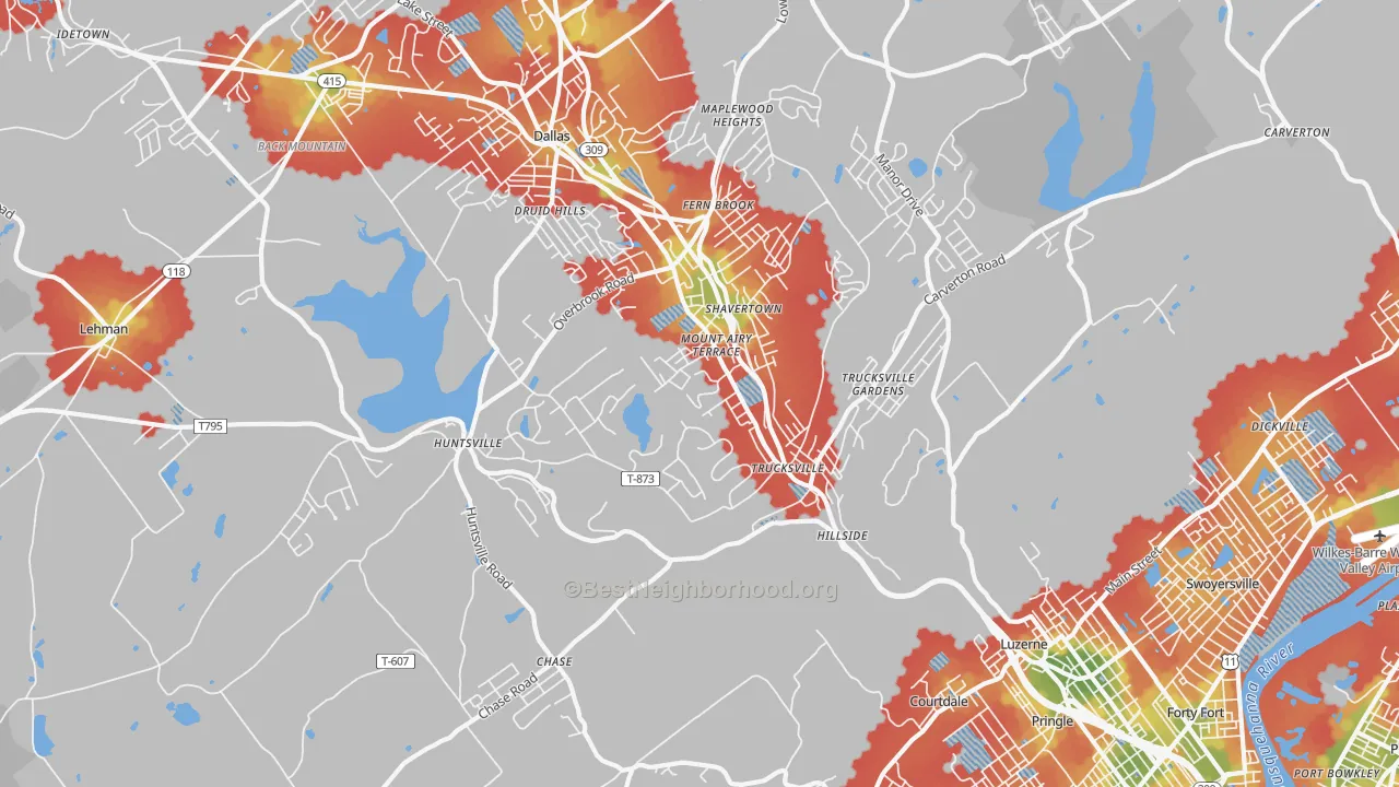 Walk Grade map of Shavertown, PA, walkable areas in green and car-dependent areas in red