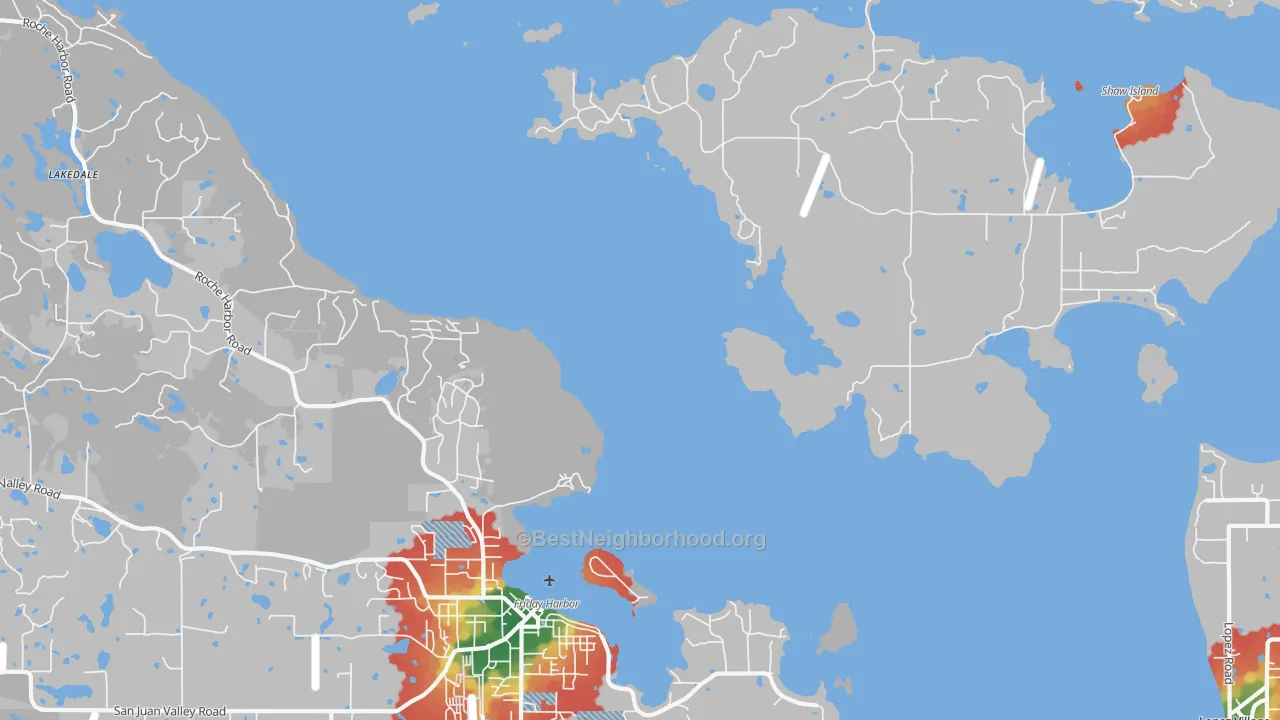 Walk Grade map of Shaw Island, WA, walkable areas in green and car-dependent areas in red