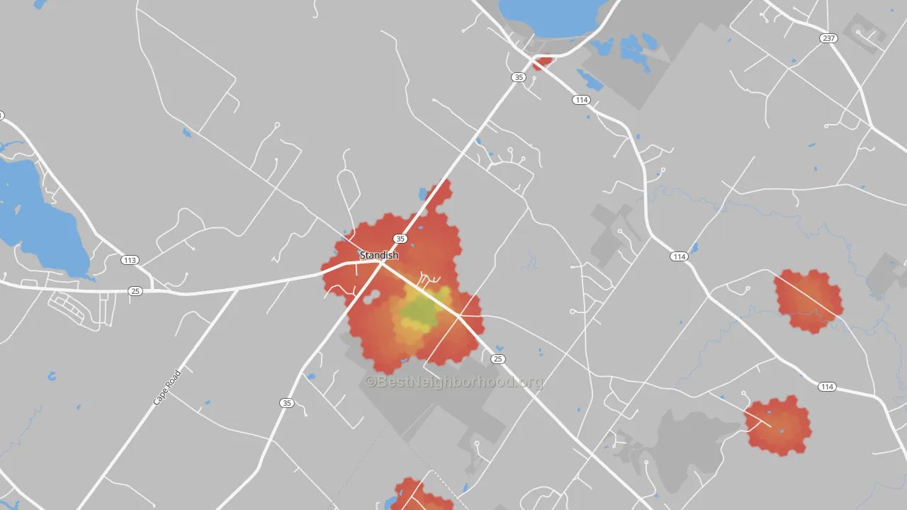 Walk Grade map of Shaw Mills, ME, walkable areas in green and car-dependent areas in red