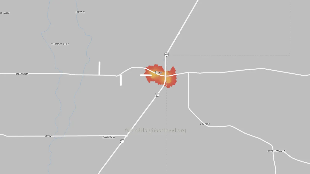 Walk Grade map of Shaw, MS, walkable areas in green and car-dependent areas in red