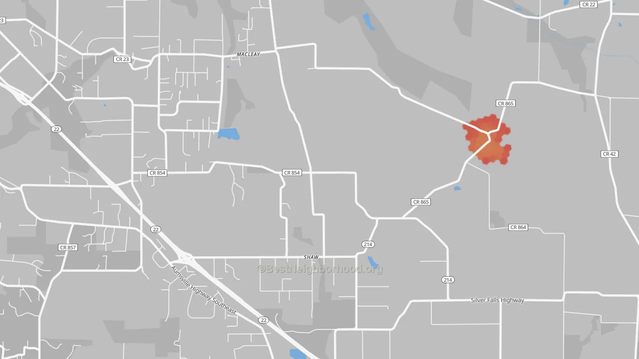 Walk Grade map of Shaw, OR, walkable areas in green and car-dependent areas in red