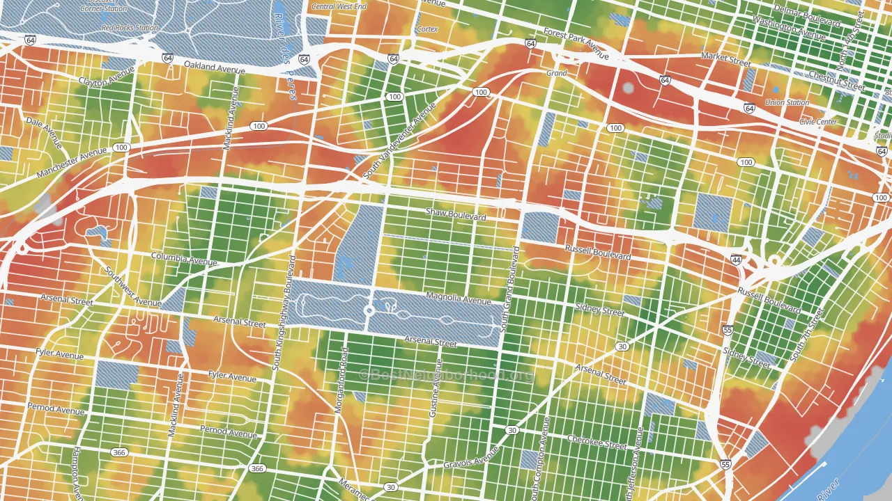 Walk Grade map of Shaw, St. Louis, MO, walkable areas in green and car-dependent areas in red