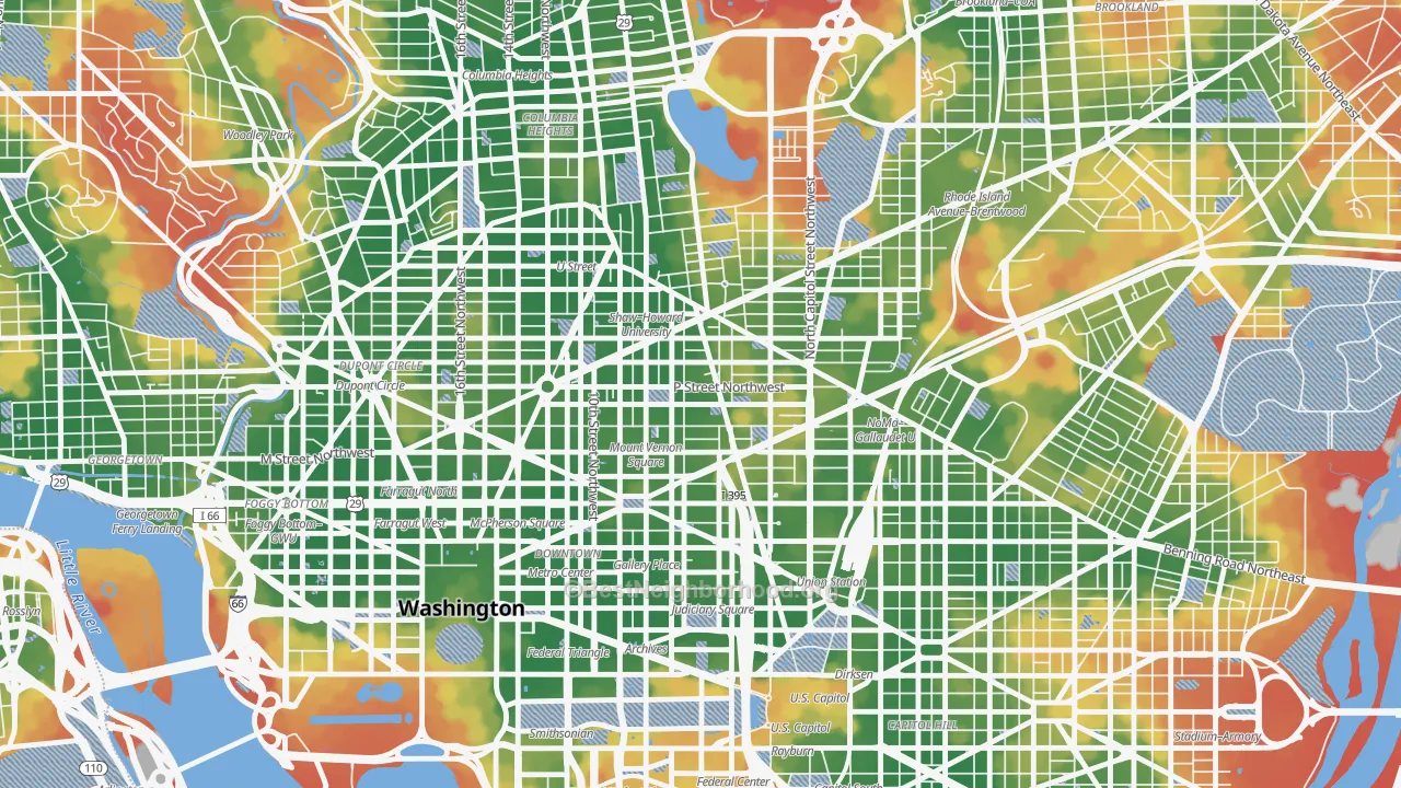 Walk Grade map of Shaw, Washington, DC, walkable areas in green and car-dependent areas in red