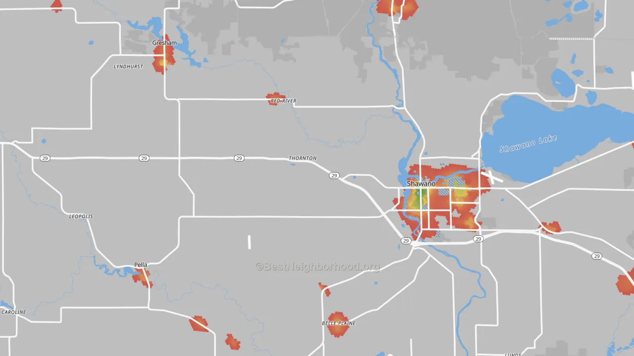 Walk Grade map of Shawano County, WI, walkable areas in green and car-dependent areas in red