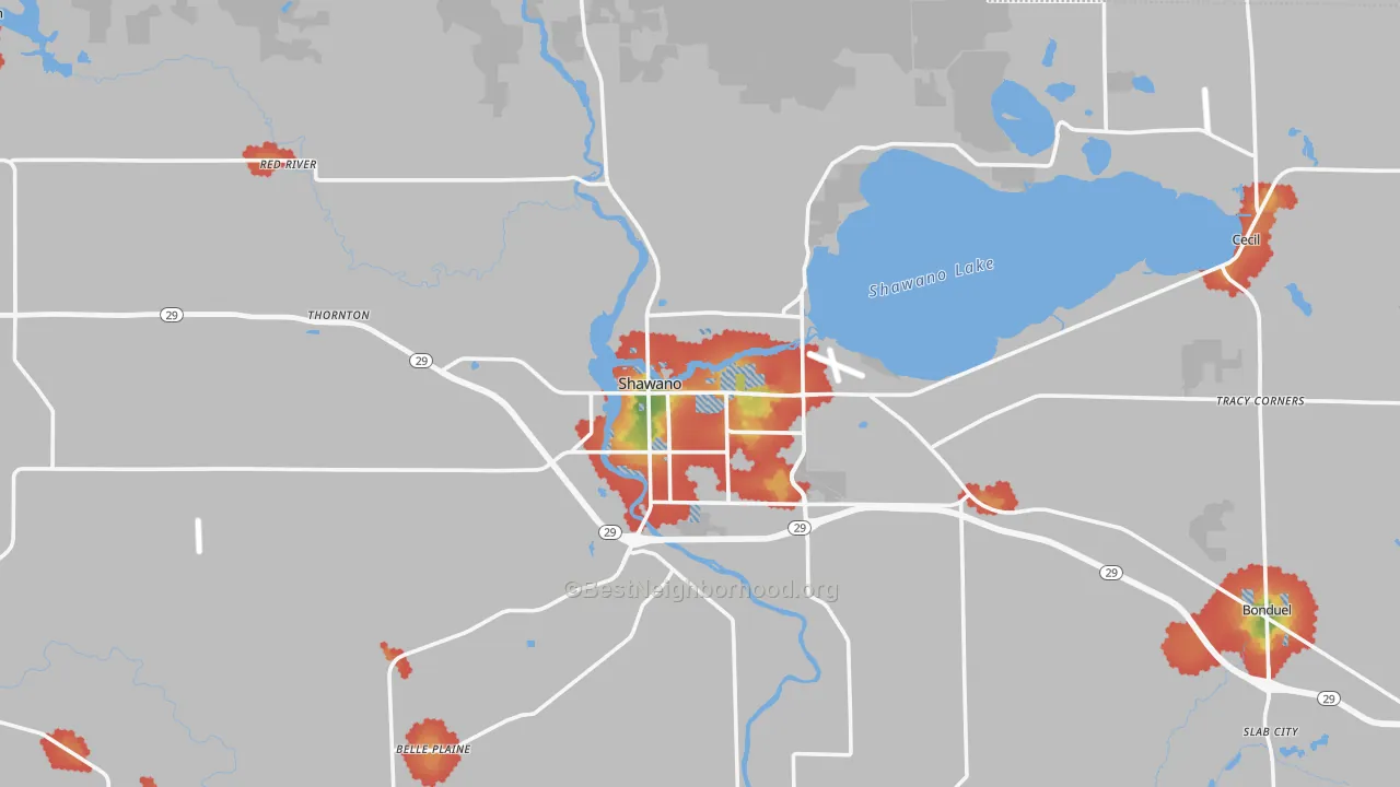 Walk Grade map of Shawano, WI, walkable areas in green and car-dependent areas in red