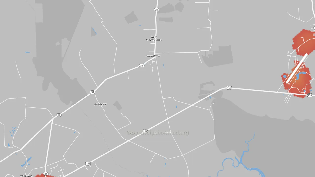 Walk Grade map of Shawboro, NC, walkable areas in green and car-dependent areas in red