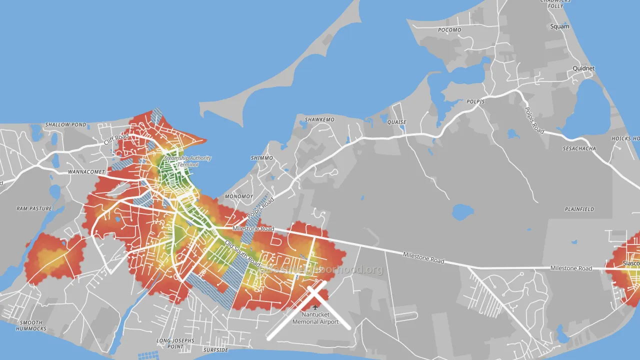 Walk Grade map of Shawkemo, MA, walkable areas in green and car-dependent areas in red