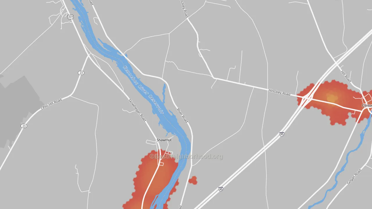Walk Grade map of Shawmut, ME, walkable areas in green and car-dependent areas in red