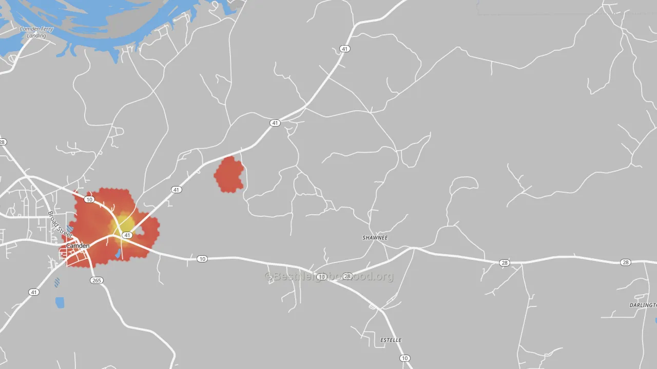 Walk Grade map of Shawnee, AL, walkable areas in green and car-dependent areas in red