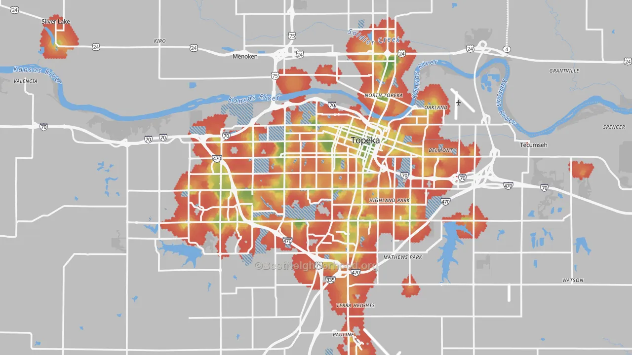 Walk Grade map of Shawnee County, KS, walkable areas in green and car-dependent areas in red