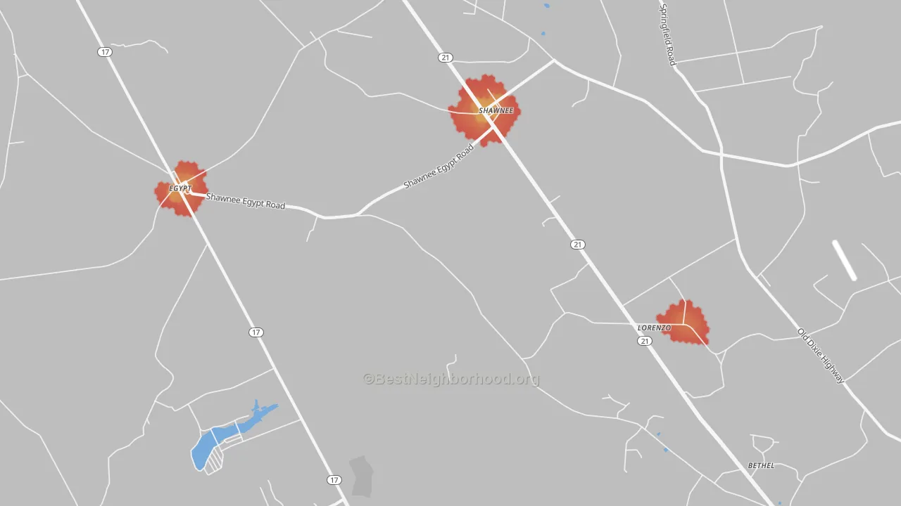 Walk Grade map of Shawnee, GA, walkable areas in green and car-dependent areas in red