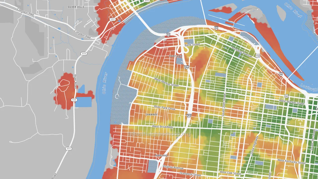 Walk Grade map of Shawnee, Louisville, KY, walkable areas in green and car-dependent areas in red
