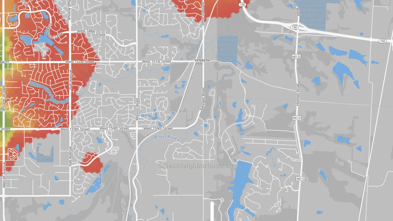 Walk Grade map of Shawnee Mission, KS, walkable areas in green and car-dependent areas in red
