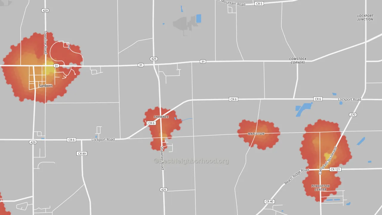 Walk Grade map of Shawnee, NY, walkable areas in green and car-dependent areas in red
