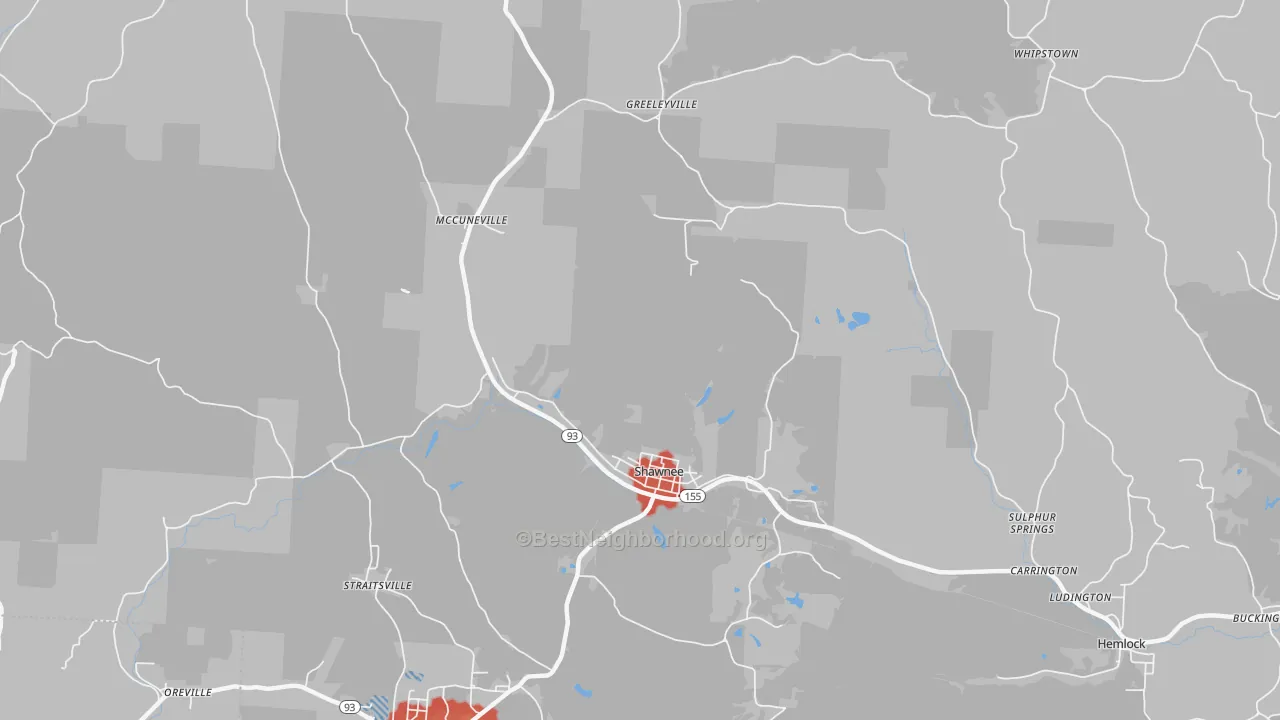 Walk Grade map of Shawnee, OH, walkable areas in green and car-dependent areas in red