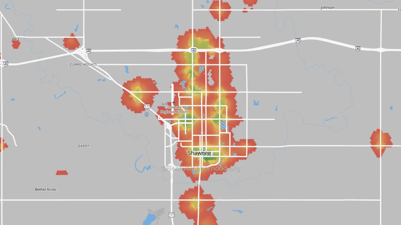 Walk Grade map of Shawnee, OK, walkable areas in green and car-dependent areas in red