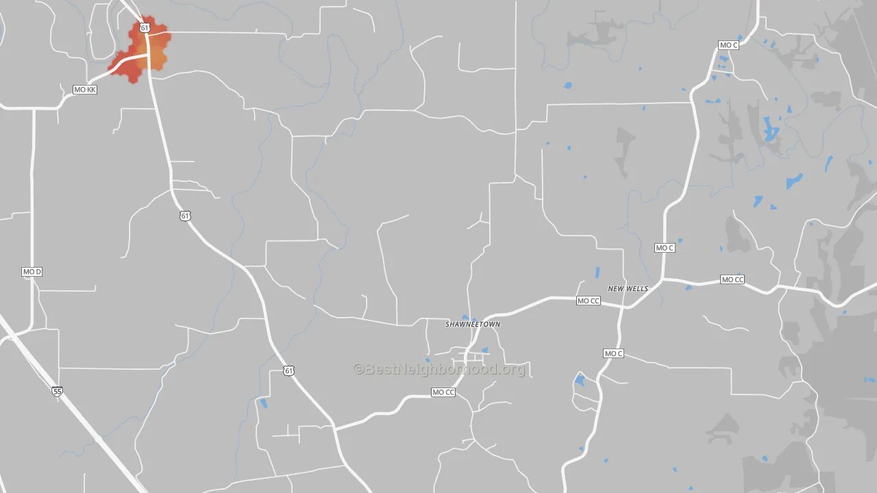 Walk Grade map of Shawneetown, MO, walkable areas in green and car-dependent areas in red