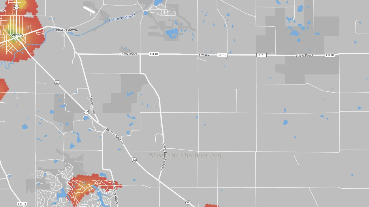 Walk Grade map of Shaws, IL, walkable areas in green and car-dependent areas in red