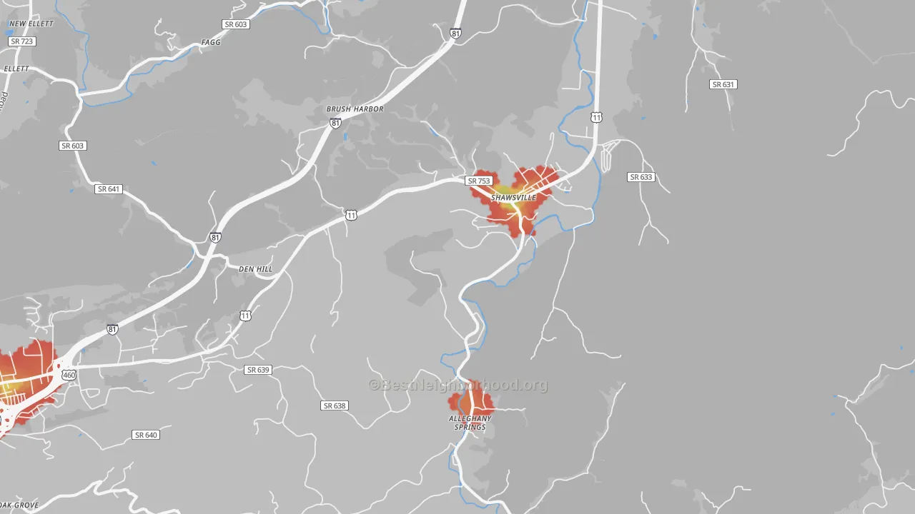 Walk Grade map of Shawsville, VA, walkable areas in green and car-dependent areas in red