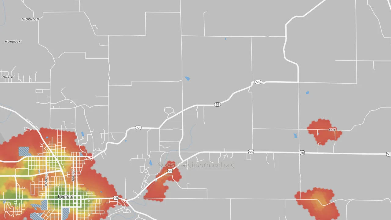 Walk Grade map of Shawswick, IN, walkable areas in green and car-dependent areas in red