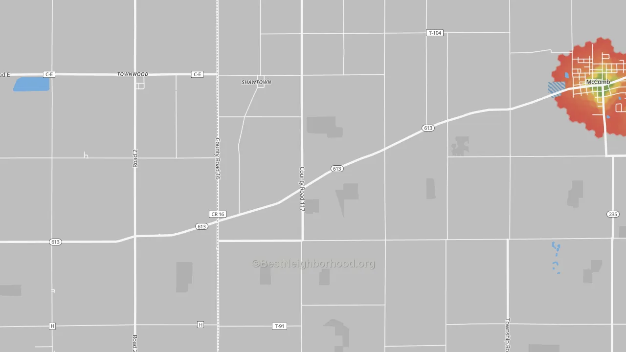 Walk Grade map of Shawtown, OH, walkable areas in green and car-dependent areas in red