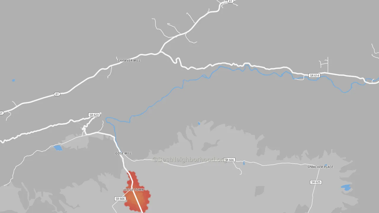 Walk Grade map of Shawver Mill, VA, walkable areas in green and car-dependent areas in red