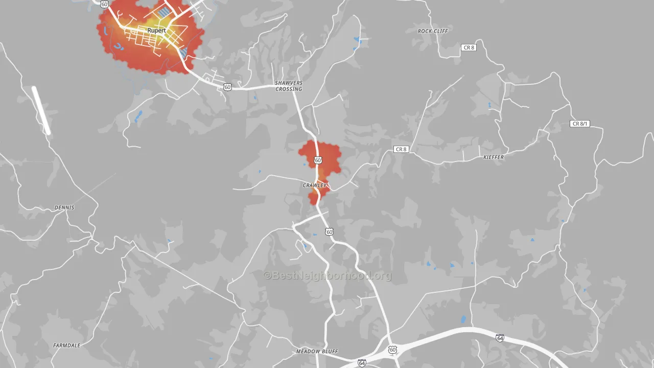 Walk Grade map of Shawvers Crossing, WV, walkable areas in green and car-dependent areas in red