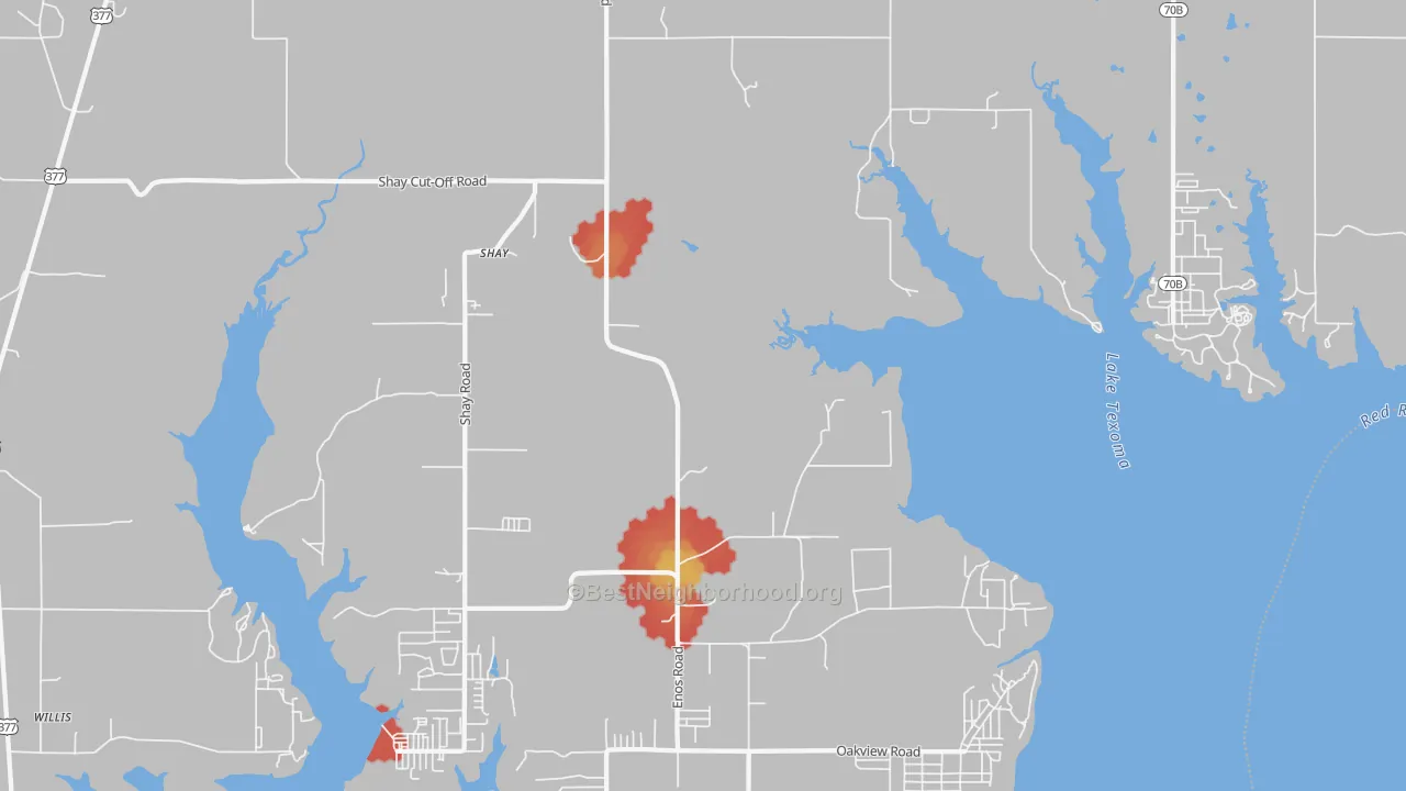 Walk Grade map of Shay, OK, walkable areas in green and car-dependent areas in red