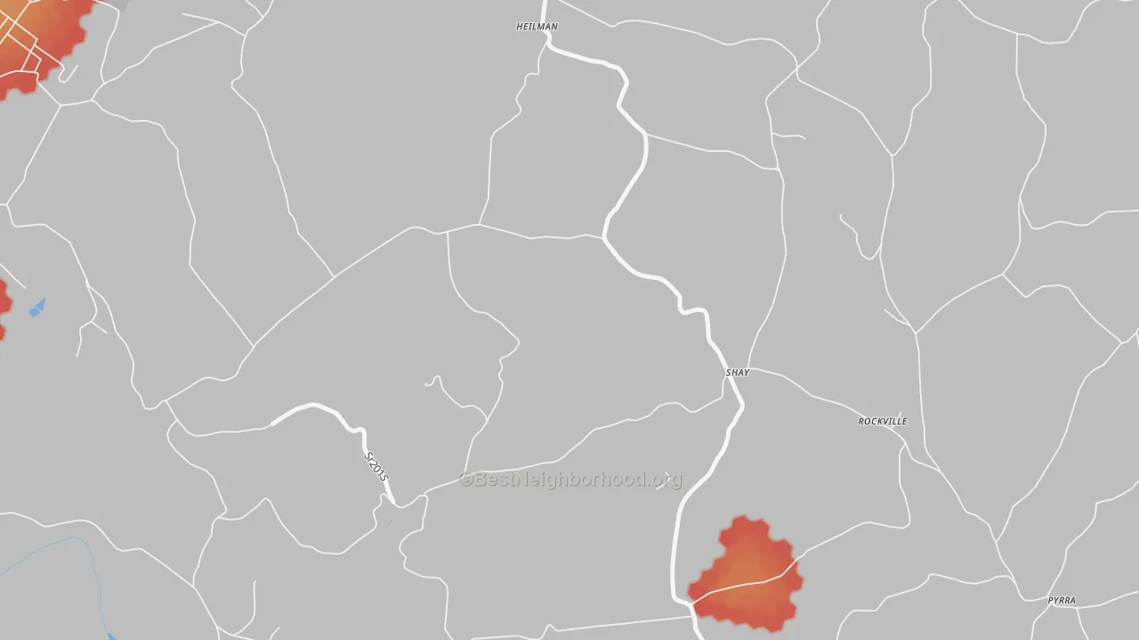 Walk Grade map of Shay, PA, walkable areas in green and car-dependent areas in red