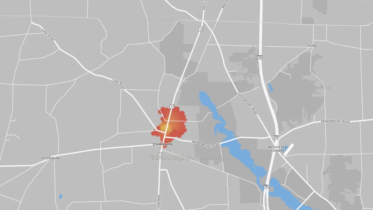 Walk Grade map of Sheakleyville, PA, walkable areas in green and car-dependent areas in red