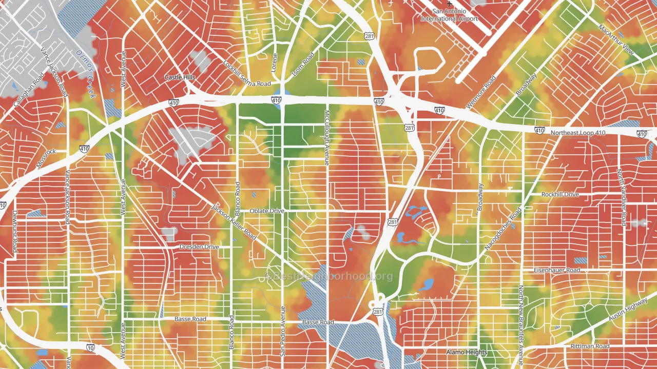 Walk Grade map of Shearer Hills-Ridgeview, San Antonio, TX, walkable areas in green and car-dependent areas in red