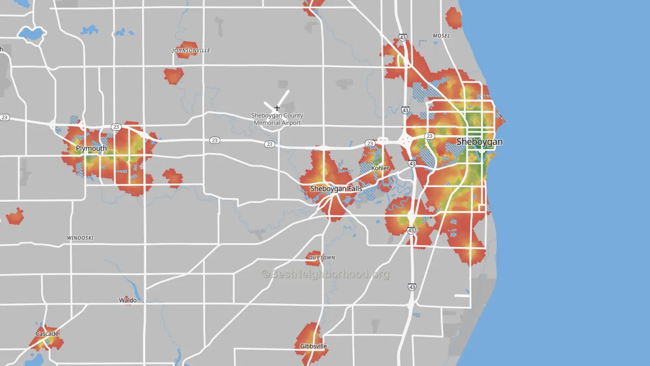 Walk Grade map of Sheboygan County, WI, walkable areas in green and car-dependent areas in red