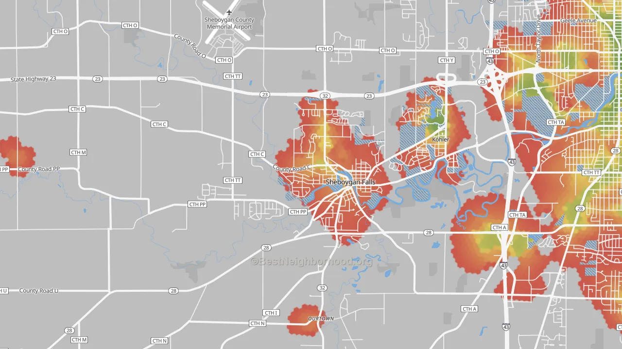 Walk Grade map of Sheboygan Falls, WI, walkable areas in green and car-dependent areas in red