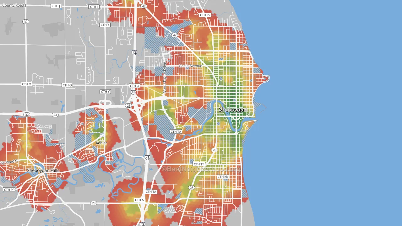 Walk Grade map of Sheboygan, WI, walkable areas in green and car-dependent areas in red