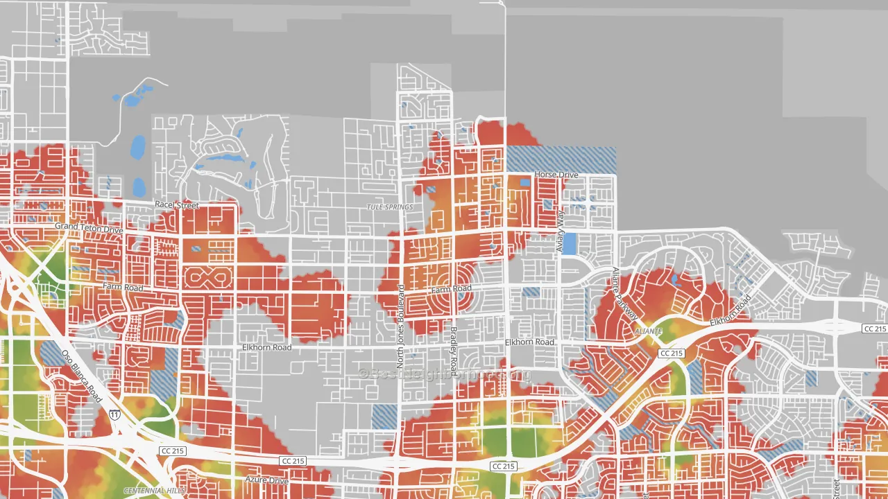 Walk Grade map of Sheep Mountain, Las Vegas, NV, walkable areas in green and car-dependent areas in red