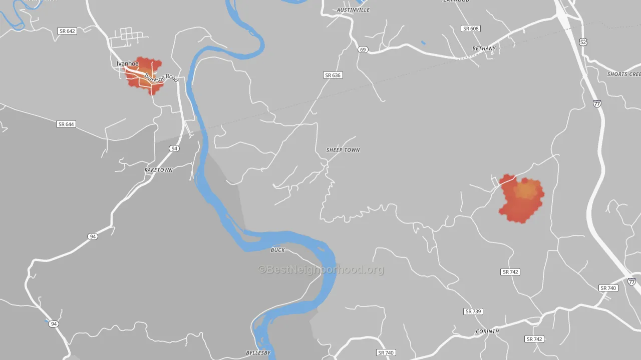 Walk Grade map of Sheep Town, VA, walkable areas in green and car-dependent areas in red