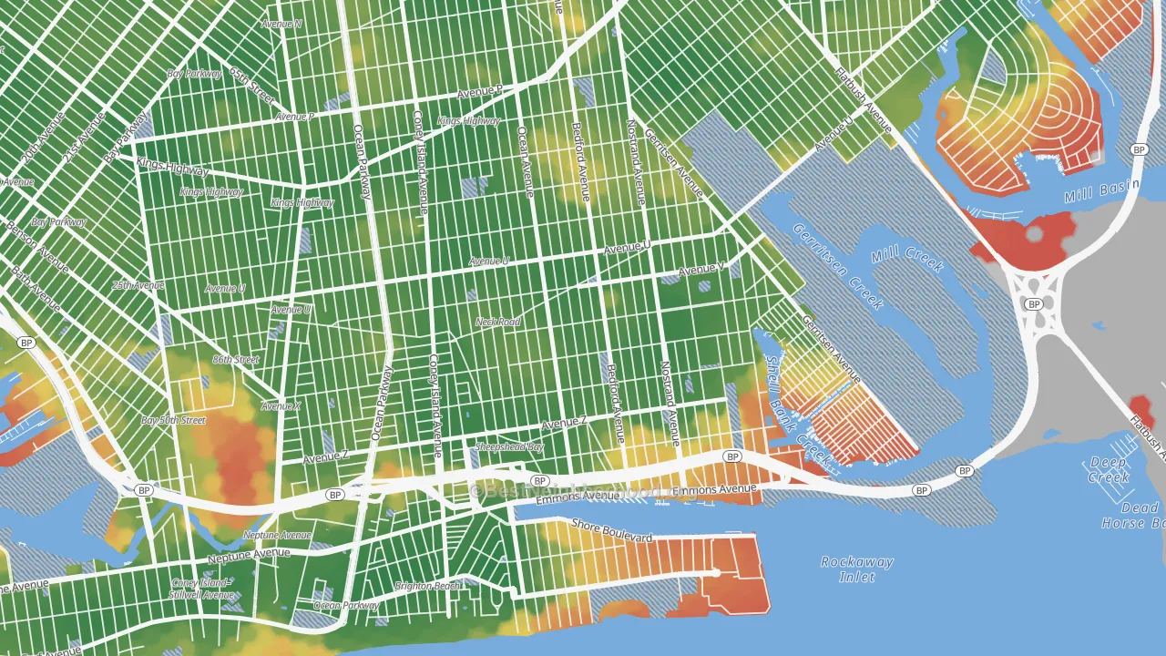 Walk Grade map of Sheepshead Bay, Brooklyn, NY, walkable areas in green and car-dependent areas in red