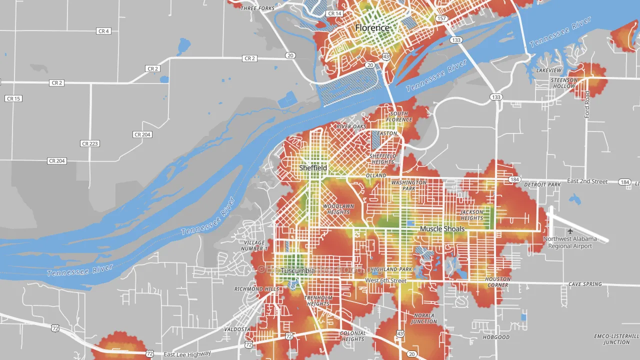 Walk Grade map of Sheffield, AL, walkable areas in green and car-dependent areas in red