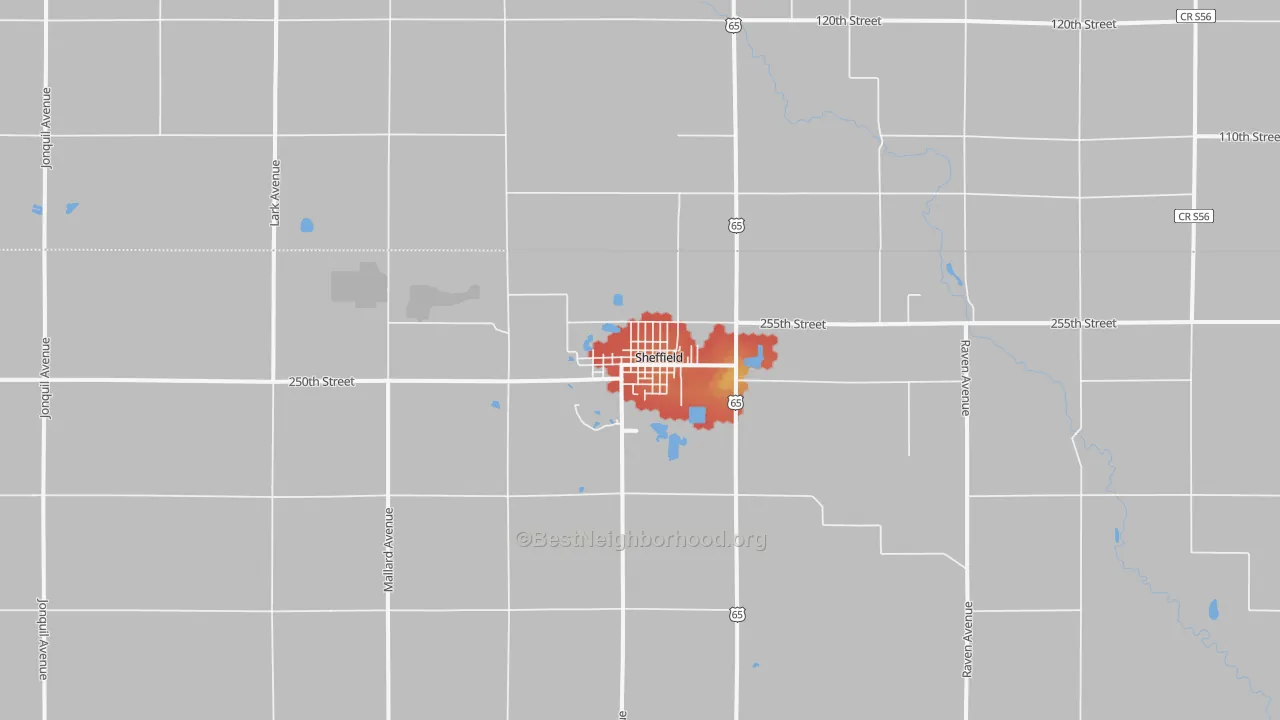 Walk Grade map of Sheffield, IA, walkable areas in green and car-dependent areas in red